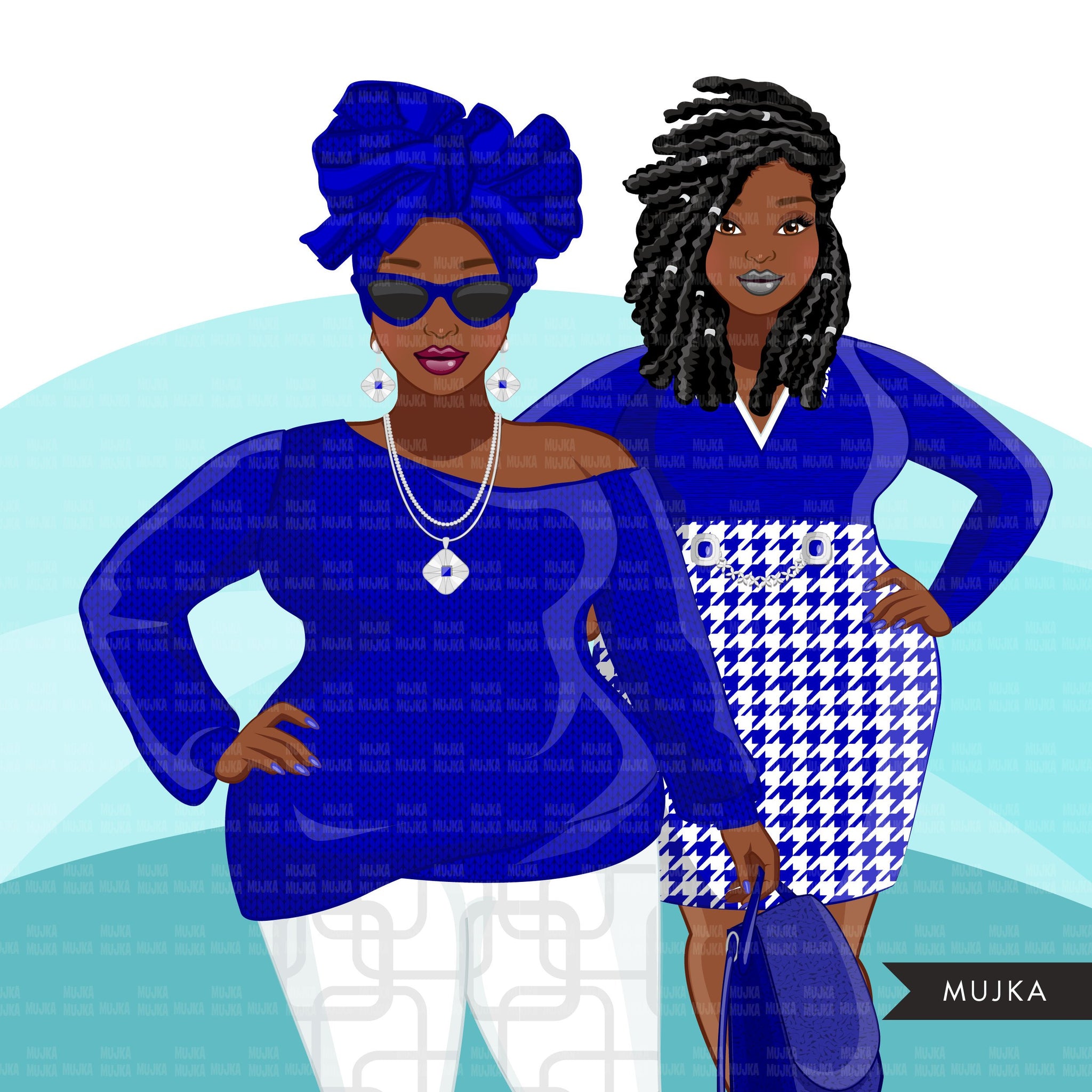 Fashion Clipart, Curvy Black woman graphics, royal blue, sisters, friends, sisterhood Sublimation designs for Cricut & Cameo, commercial PNG