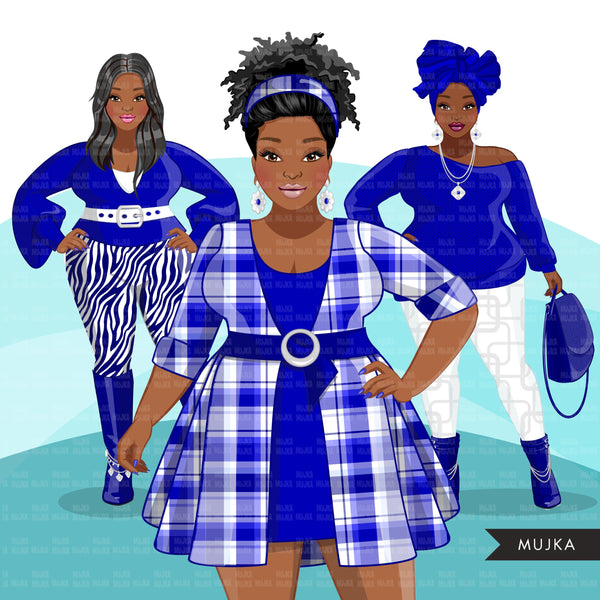 Fashion Clipart, Curvy Black woman graphics, royal blue, sisters, frie ...