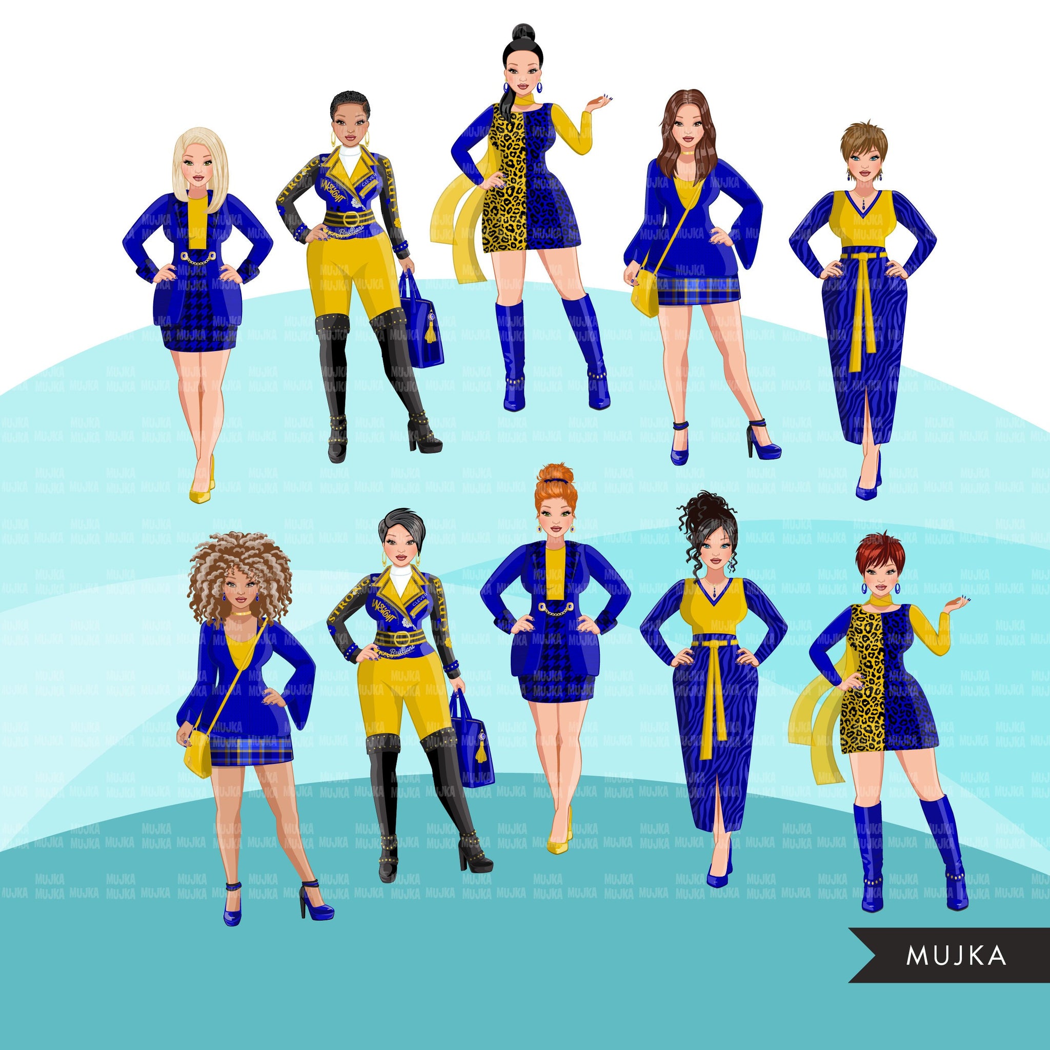 Fashion Clipart, woman graphic, Royal blue gold, sisters, friends, sisterhood Sublimation designs for Cricut & Cameo, commercial use PNG