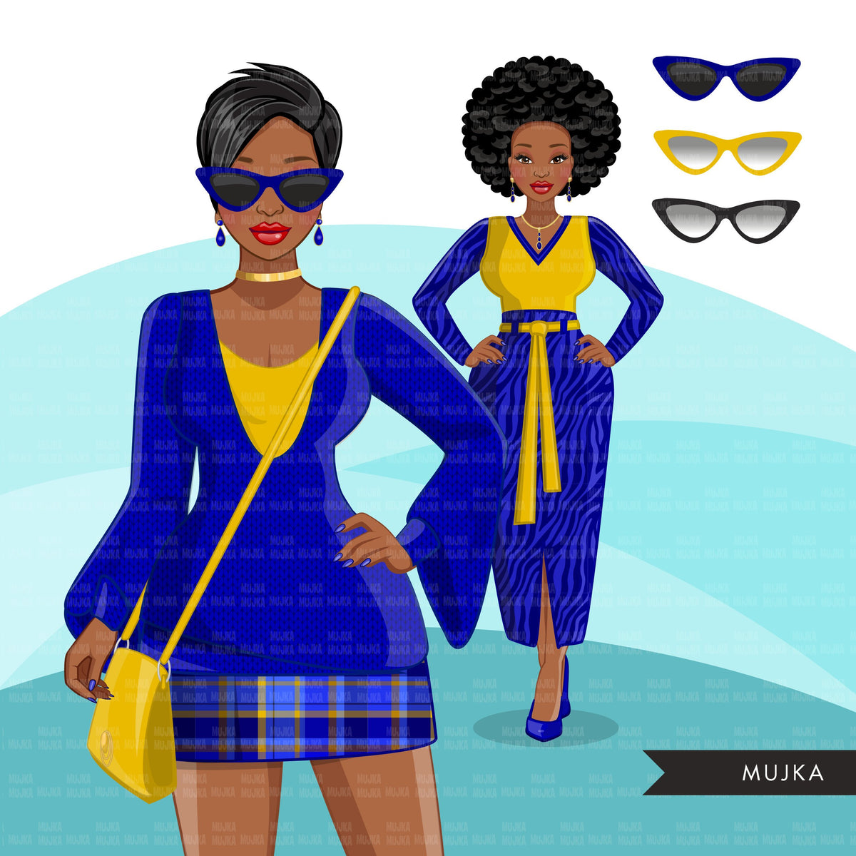 Fashion Clipart, Black woman graphics, royal blue gold, sisters, frien ...