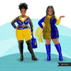 Fashion Clipart, curvy Black woman graphics, royal blue gold, friends, sisterhood Sublimation designs for Cricut & Cameo, commercial PNG