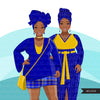 Fashion Clipart, curvy Black woman graphics, royal blue gold, friends, sisterhood Sublimation designs for Cricut & Cameo, commercial PNG