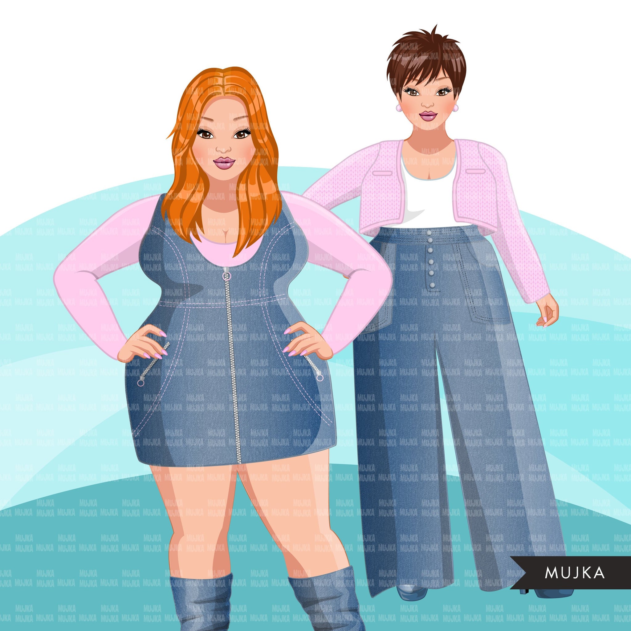 Clipart de moda, gráfico de mujer con curvas, rosa jean azul, hermanas, amigos, diseños de sublimación de hermandad para Cricut &amp; Cameo, uso comercial PNG