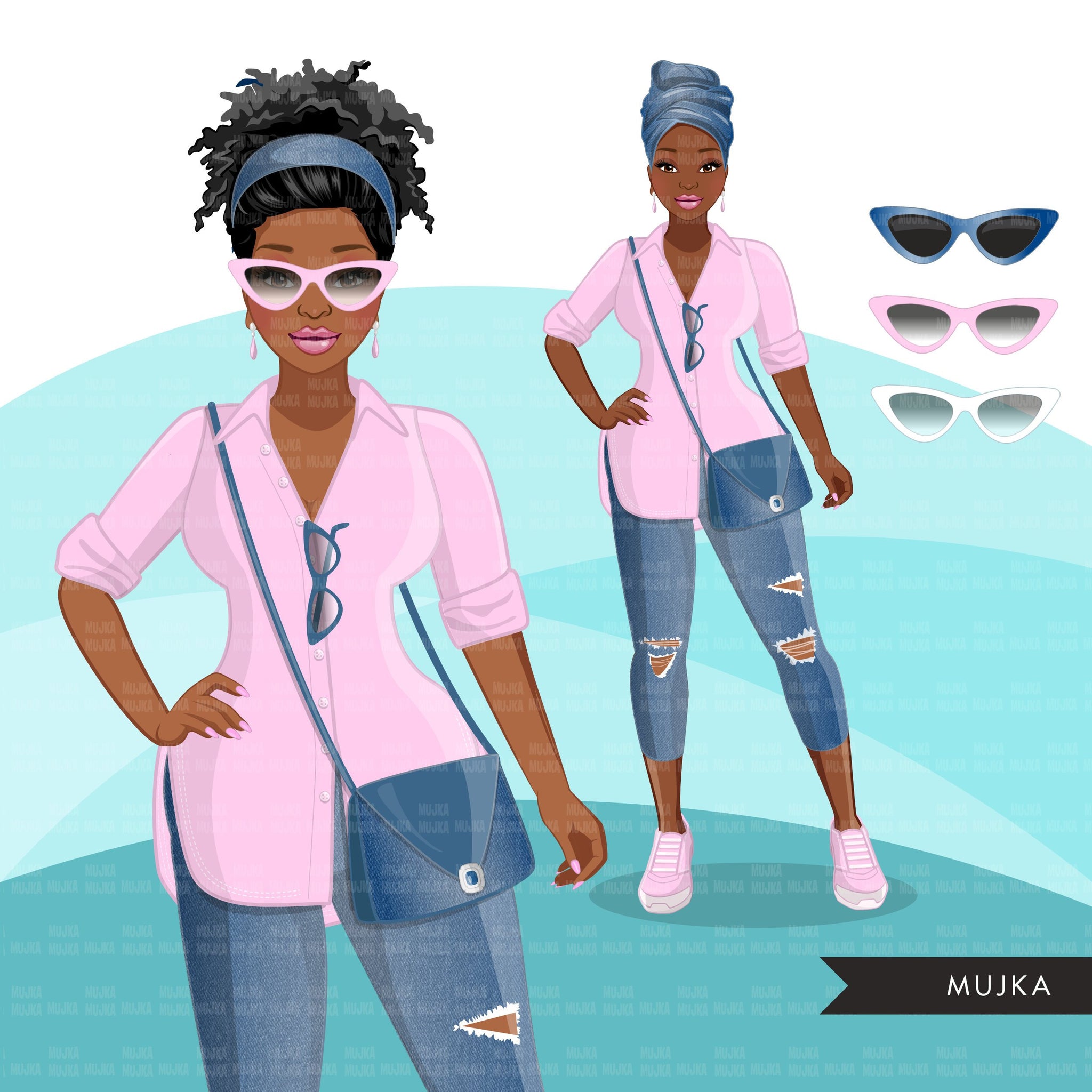 Fashion Clipart, Black woman graphics, blue jeans pink, sisters, friends, sisterhood Sublimation designs for Cricut & Cameo, commercial PNG
