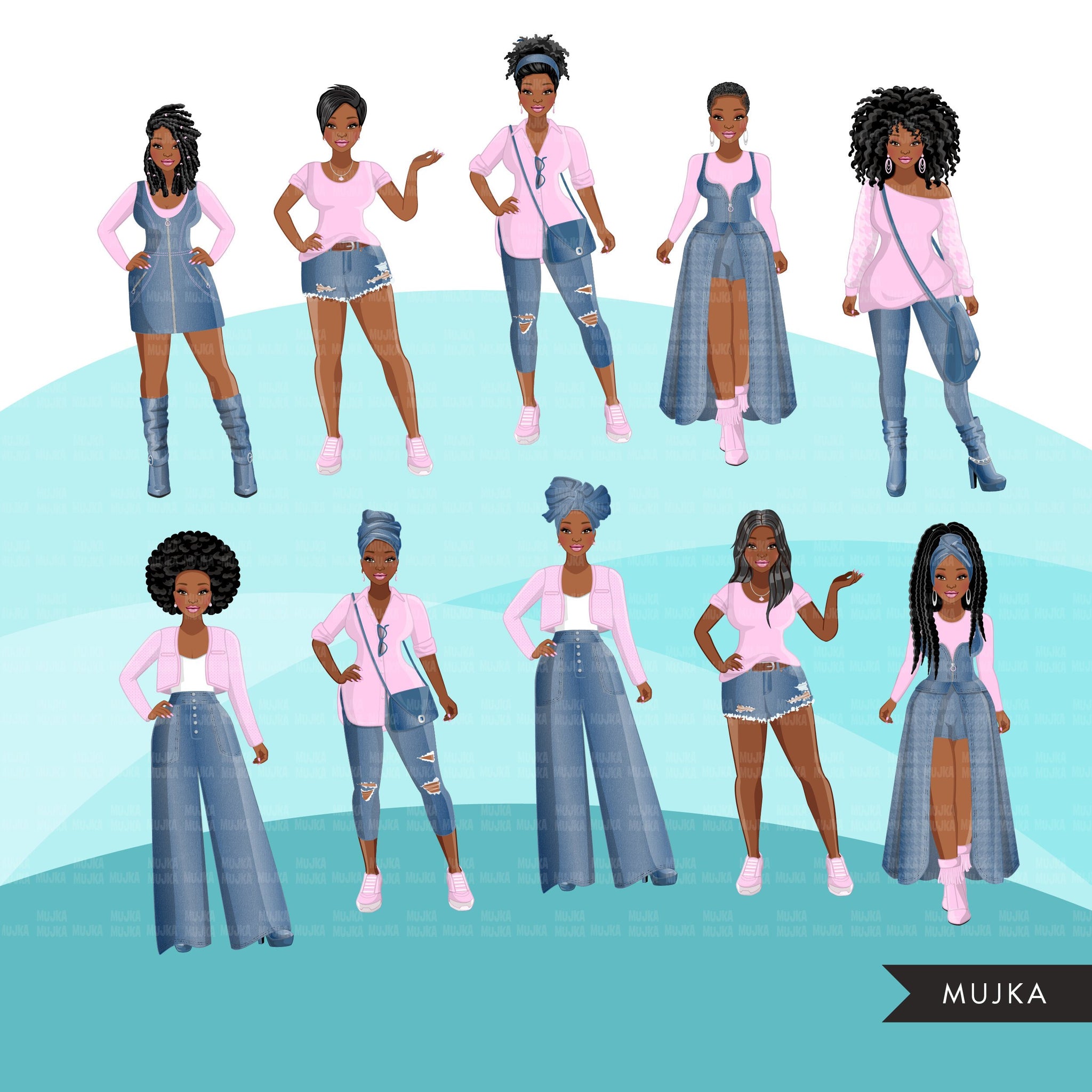 Clipart de moda, gráficos de mujer negra, jeans azules rosa, hermanas, amigos, diseños de sublimación de hermandad para Cricut &amp; Cameo, PNG comercial