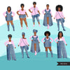 Fashion Clipart, Curvy Black woman graphics, blue jeans pink, friends, sisterhood Sublimation designs for Cricut & Cameo, commercial PNG