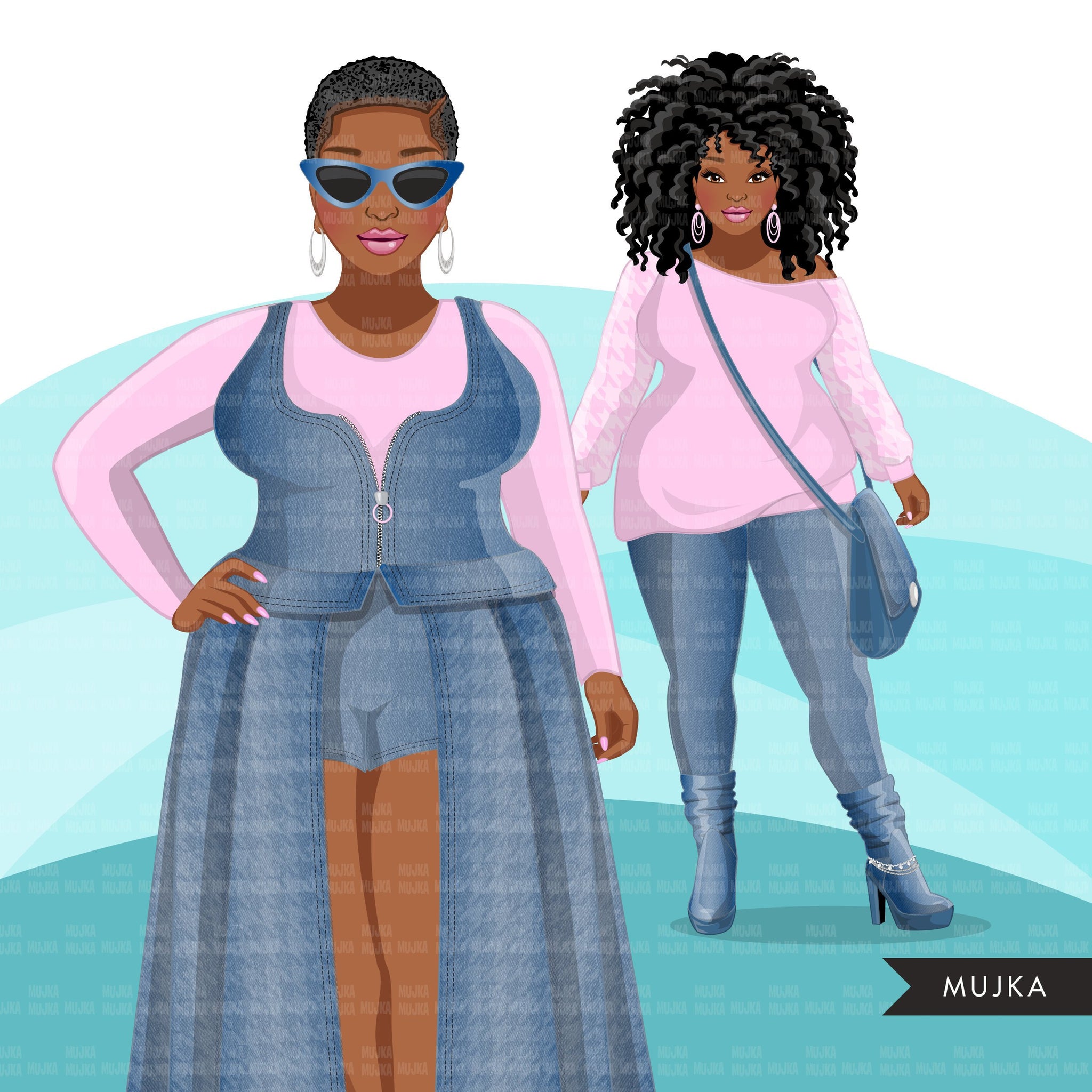 Fashion Clipart, Curvy Black woman graphics, blue jeans pink, friends, sisterhood Sublimation designs for Cricut & Cameo, commercial PNG