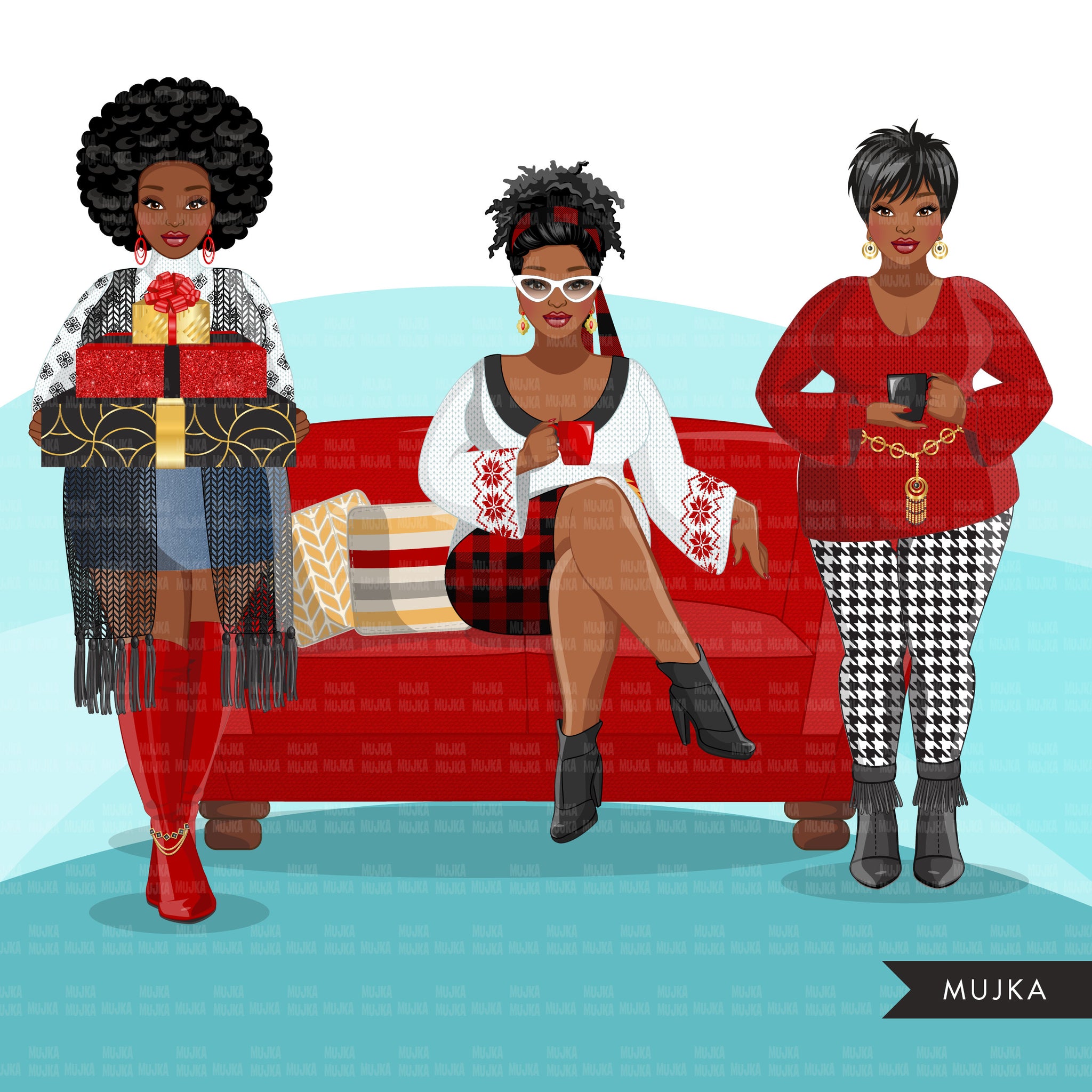 Fashion Clipart, Christmas party, curvy black woman sisters, friends, sisterhood Sublimation designs for Cricut & Cameo, commercial use PNG