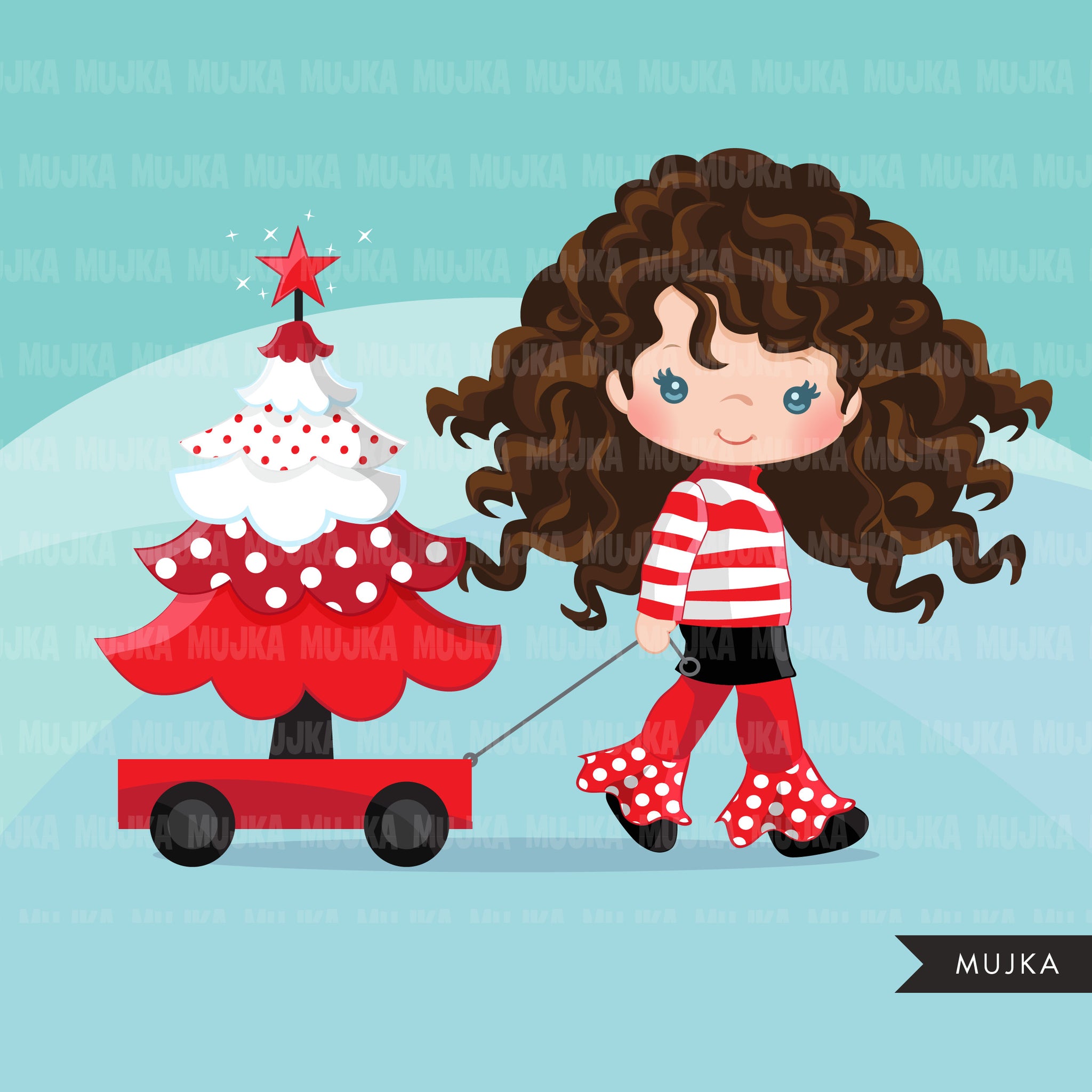 Christmas Clipart, girl with Christmas tree, Christmas kids, polka dots, Noel graphics, Holiday characters, png sublimation clip art