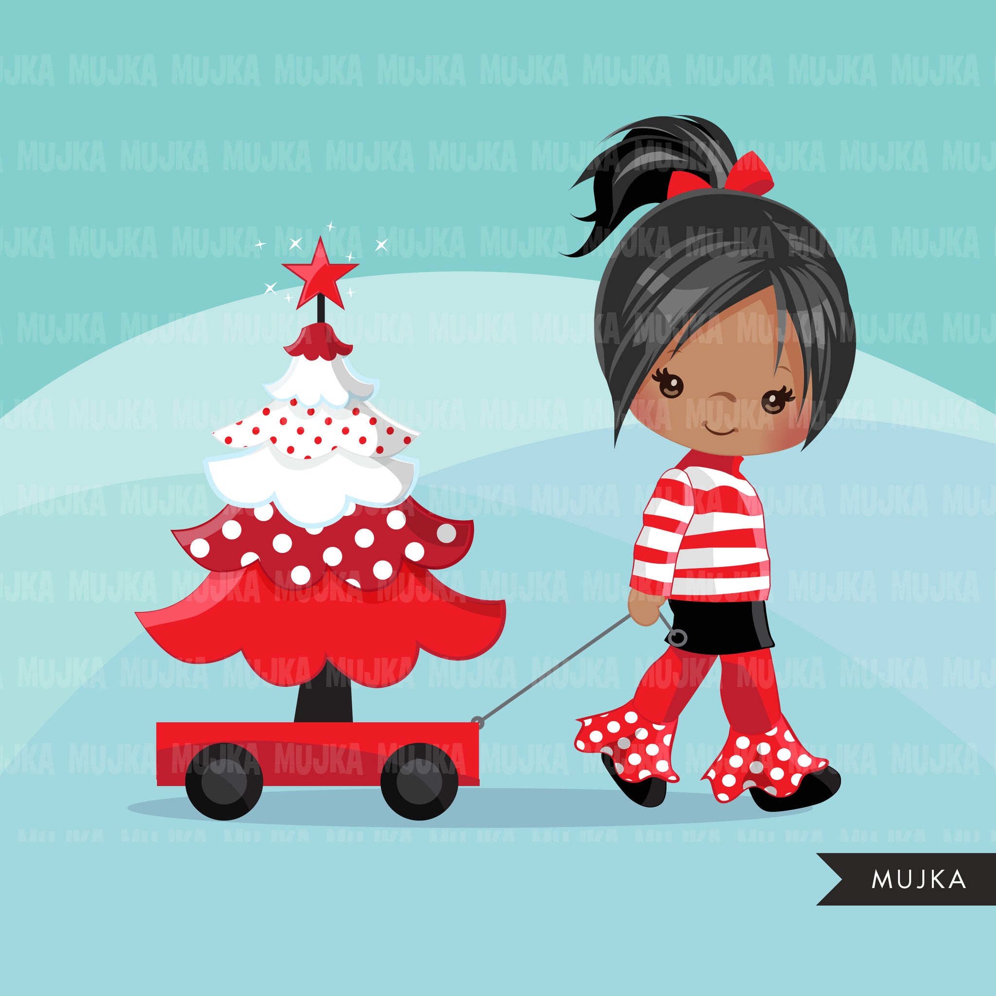 Christmas Clipart, girl with Christmas tree, Christmas kids, polka dots, Noel graphics, Holiday characters, png sublimation clip art