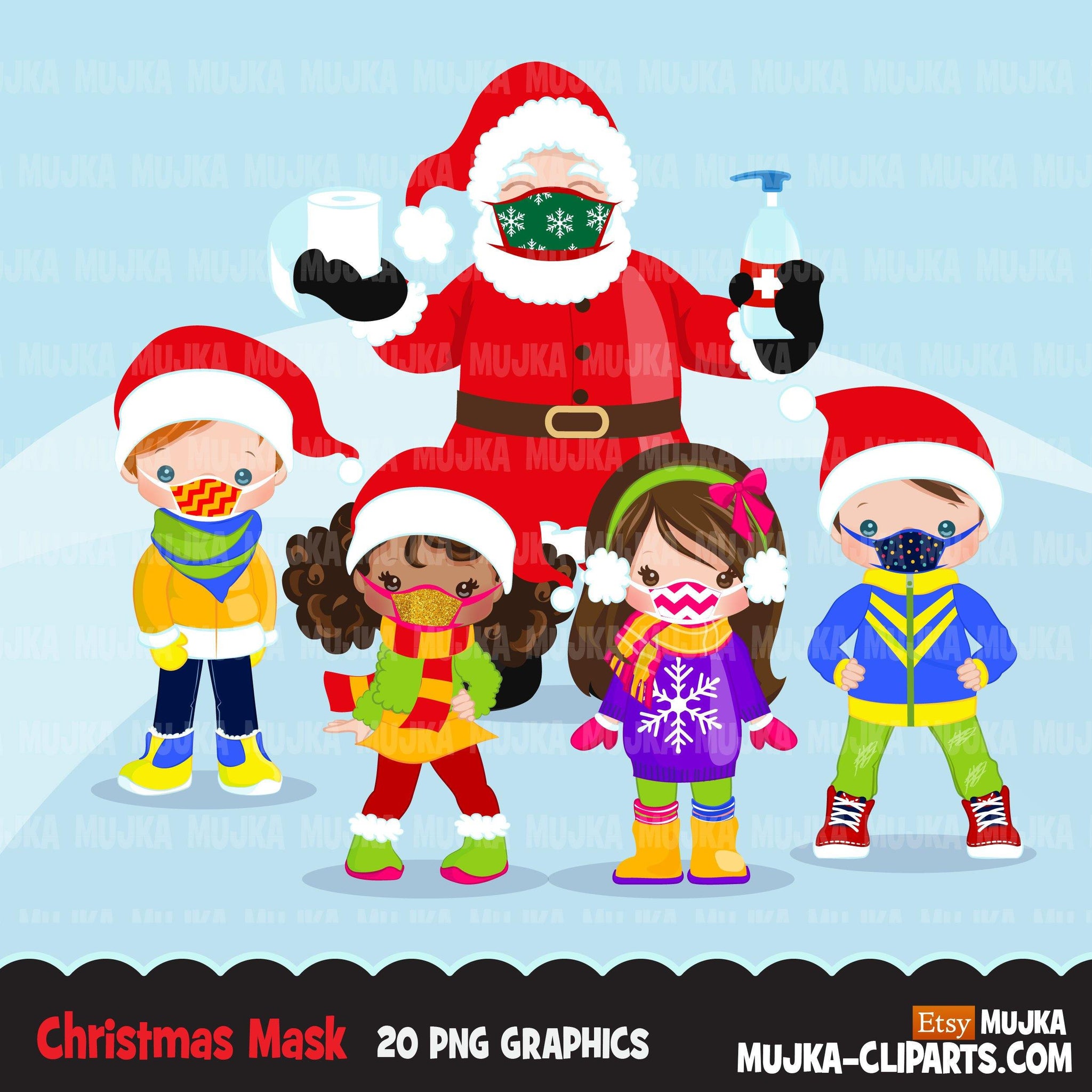 Santa Clipart, Christmas graphics, covid Christmas, kids with face mask Noel graphics, Holiday characters, png sublimation clip art