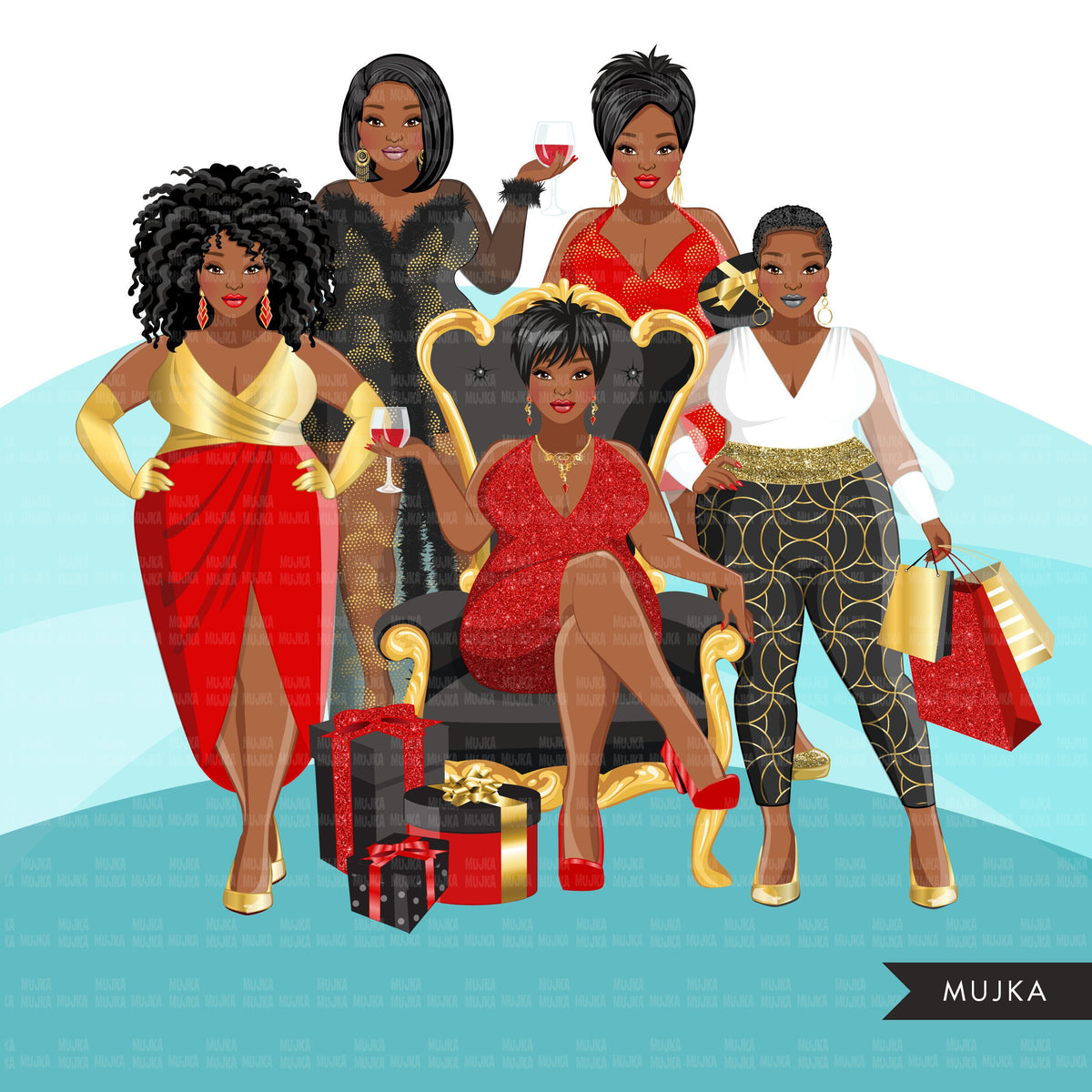 Fashion Clipart, Christmas party, curvy black woman, sisters, friends ...