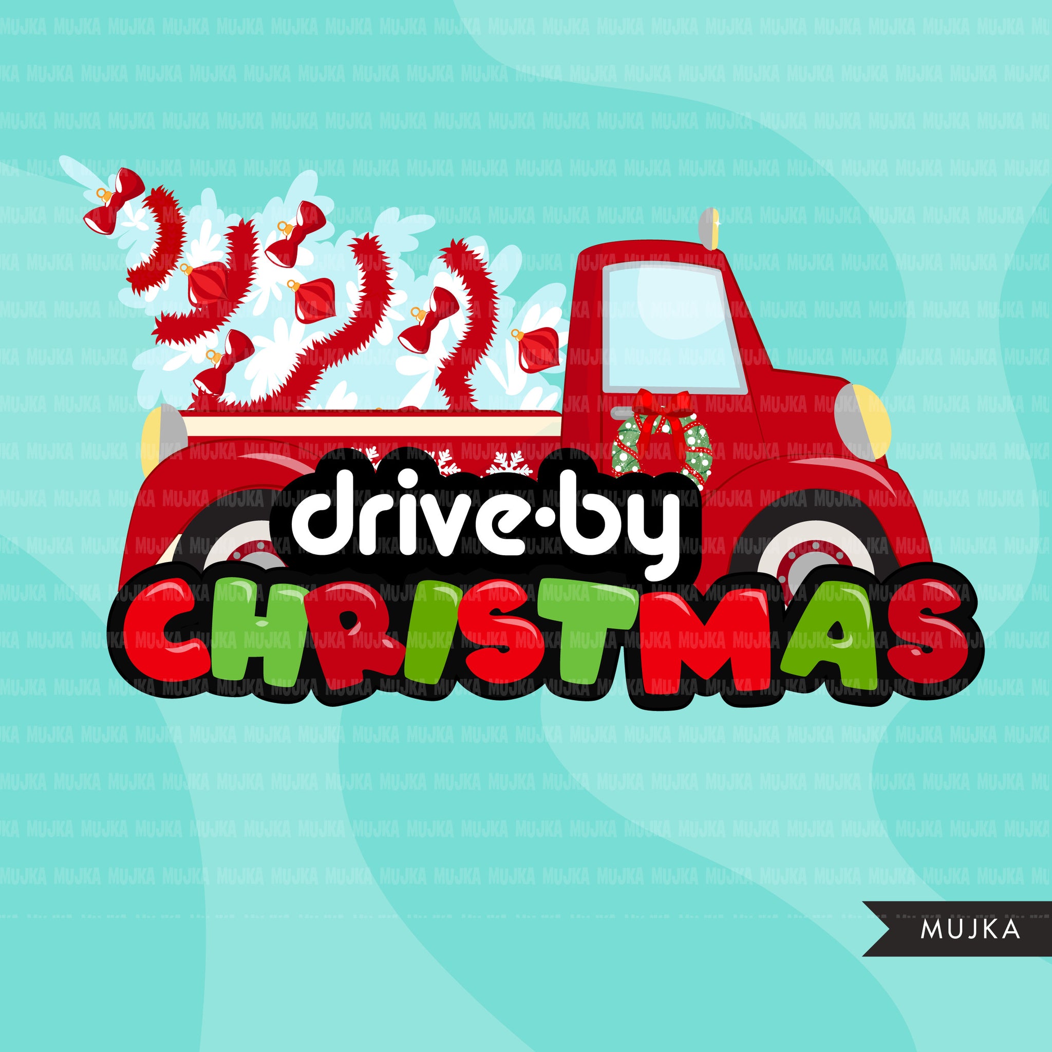 Drive-by Christmas Party parade clipart, quarantine party, drive through Christmas party truck, car graphics, black santa, PNG clip art