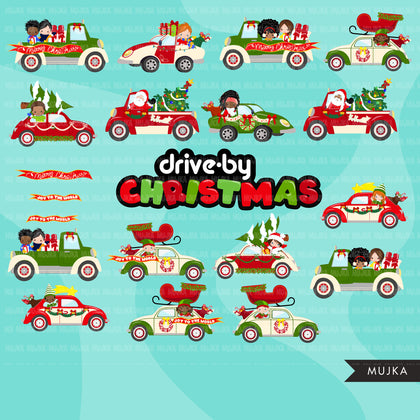 Drive-by Christmas Party parade clipart with kids, quarantine party, drive through Christmas party truck, black santa, PNG clip art