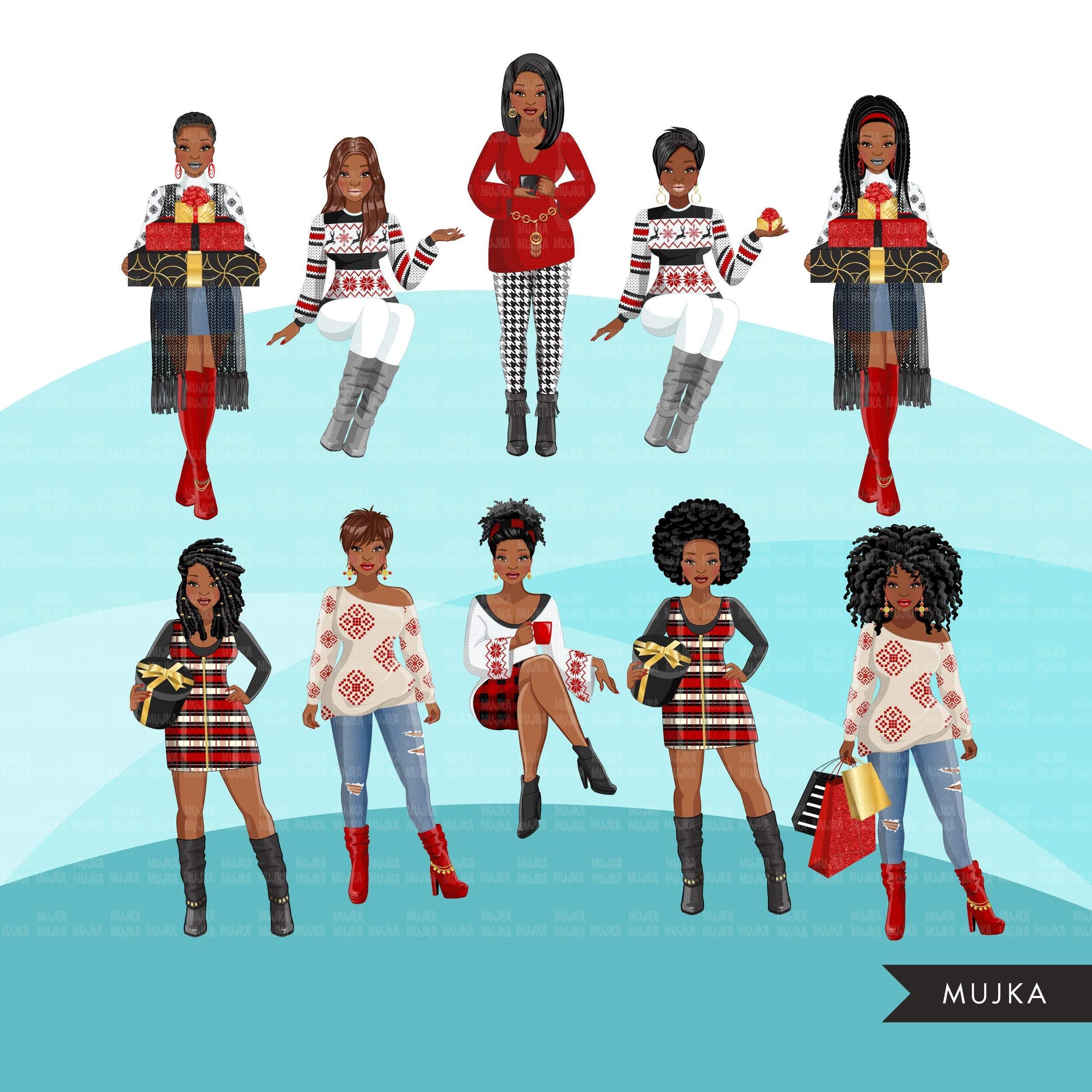 Fashion Clipart, Christmas party, black woman sisters, friends, sisterhood Sublimation designs for Cricut & Cameo, commercial use PNG
