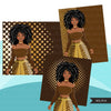 Fashion Clipart, black woman, Retro gold brown Sublimation design kit for Cricut & Cameo, commercial use PNG