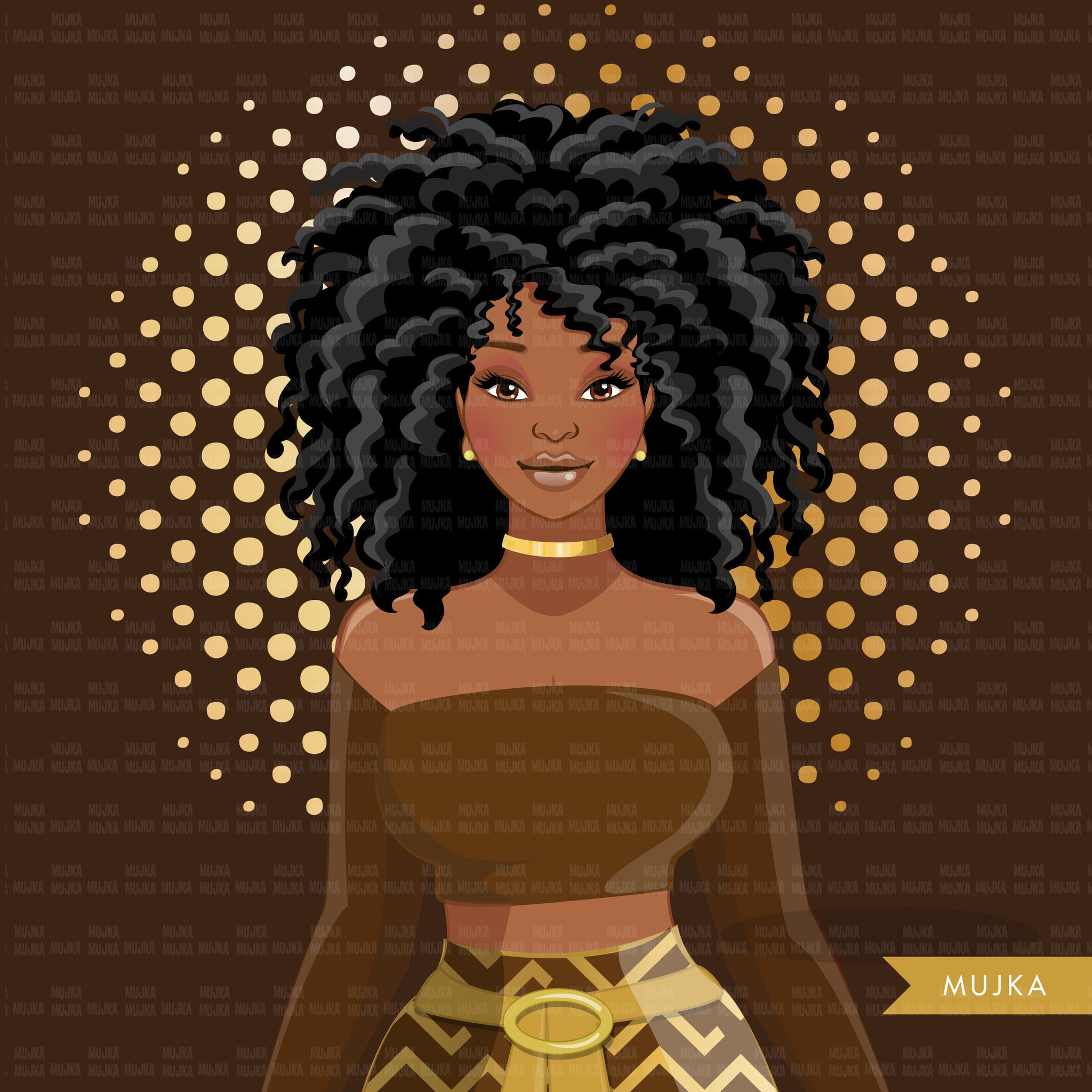 Fashion Clipart, black woman, Retro gold brown Sublimation design kit for Cricut & Cameo, commercial use PNG