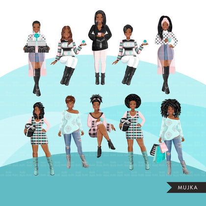 Fashion Clipart, pastel causal Christmas party, black woman, friends, sisterhood Sublimation designs for Cricut & Cameo, commercial use PNG