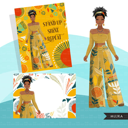 Fashion Clipart, black woman, yellow floral Sublimation design kit for Cricut & Cameo, commercial use PNG