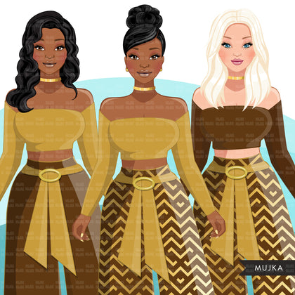 Fashion Clipart, Retro brown and gold, black woman, sisters, friends, sisterhood Sublimation designs for Cricut & Cameo, commercial use PNG