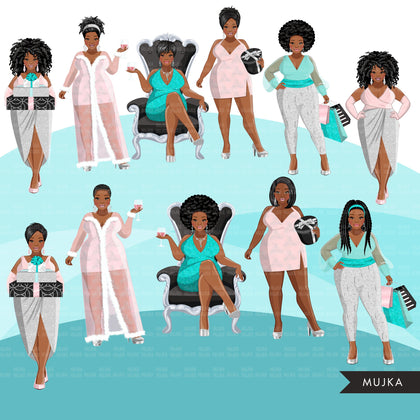 Fashion Clipart, pastel glam Christmas party, curvy black woman, friends, sisterhood Sublimation for Cricut & Cameo, commercial use PNG