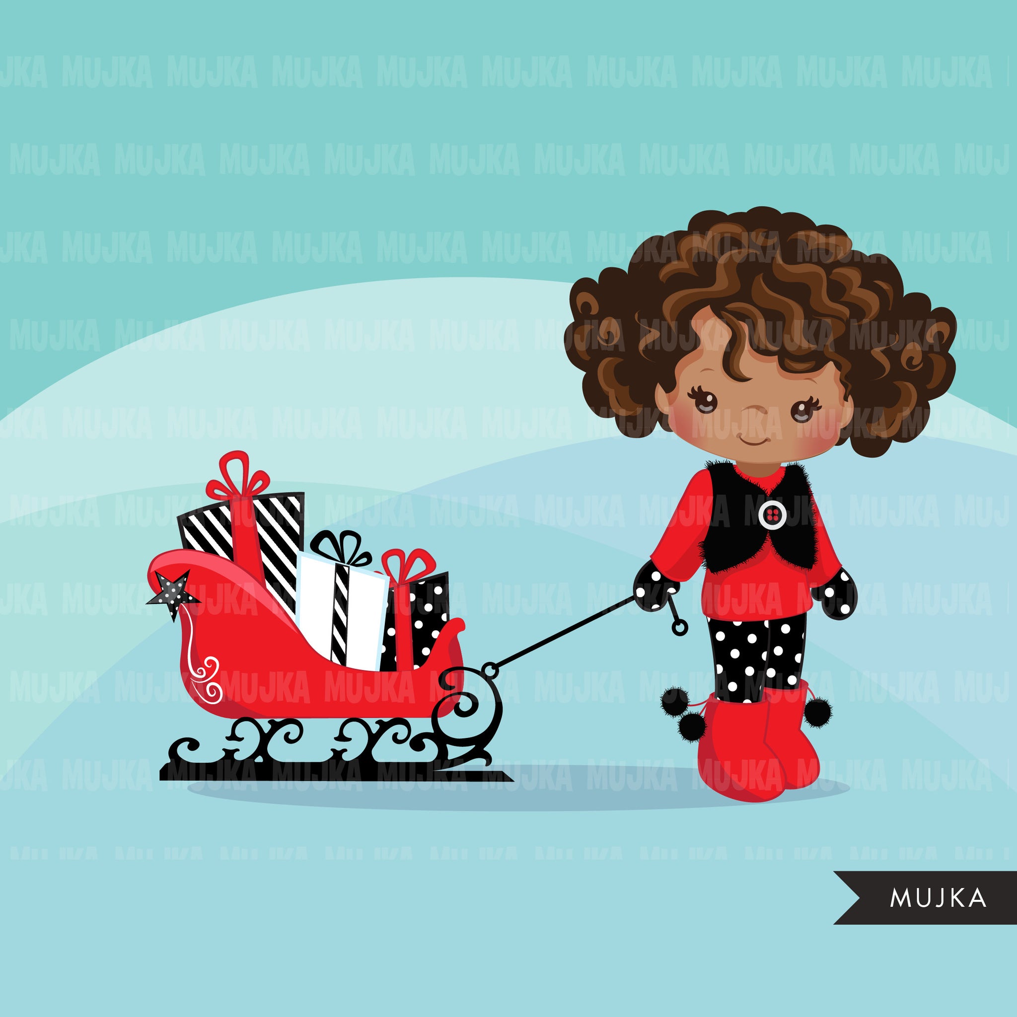 Christmas Clipart, Black girl with Sled, Christmas kids, Noel graphics, Holiday characters, png sublimation clip art