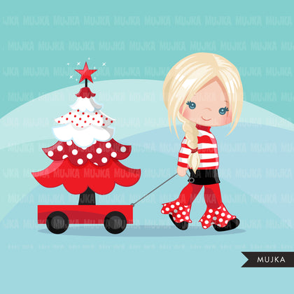 Christmas Clipart, girl with Christmas tree, Christmas kids, polka dots, Noel graphics, Holiday characters, png sublimation clip art