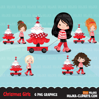 Christmas Clipart, girl with Christmas tree, Christmas kids, polka dots, Noel graphics, Holiday characters, png sublimation clip art