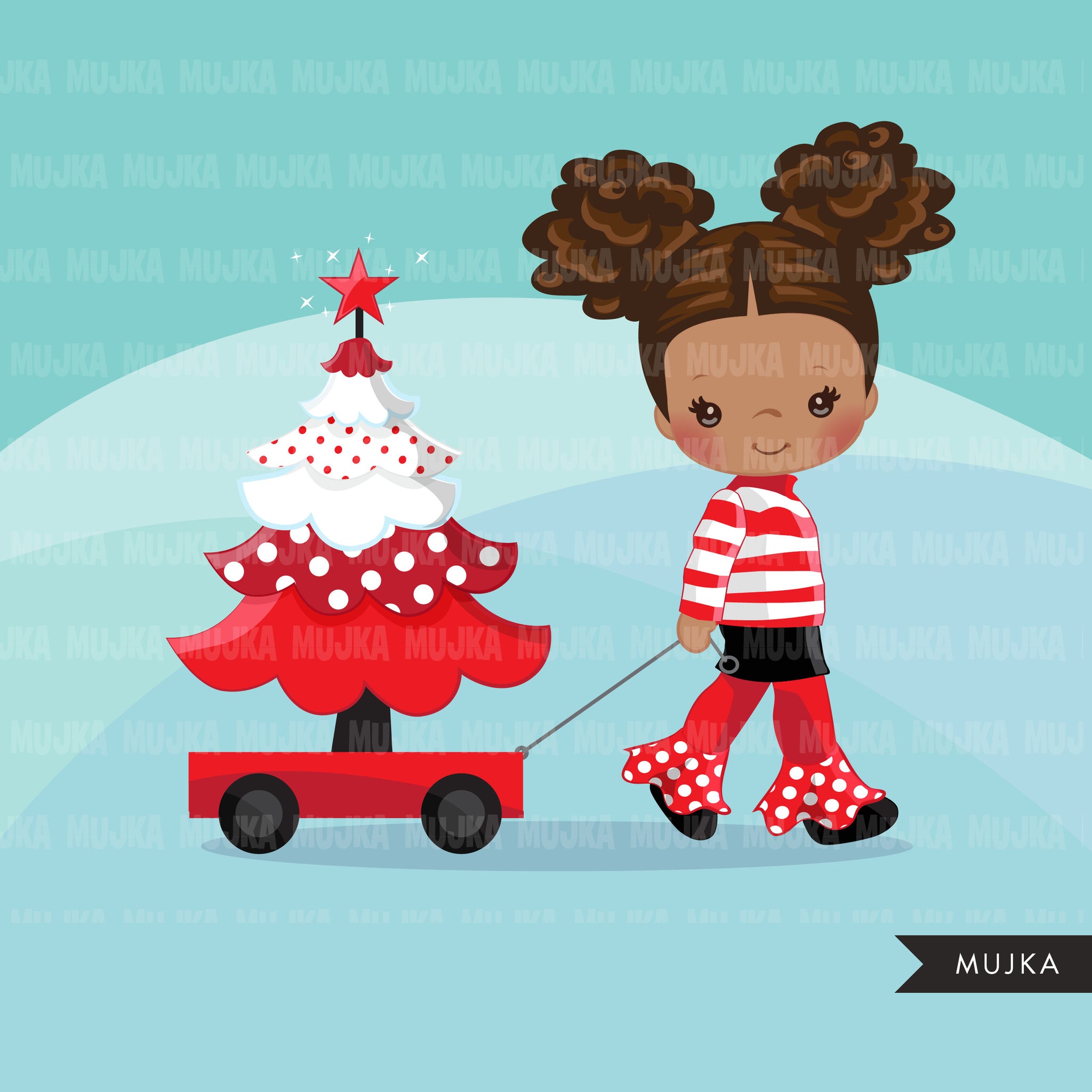 Christmas Clipart, black girl with Christmas tree, Christmas kids, polka dots, Noel graphics, Holiday characters, png sublimation clip art