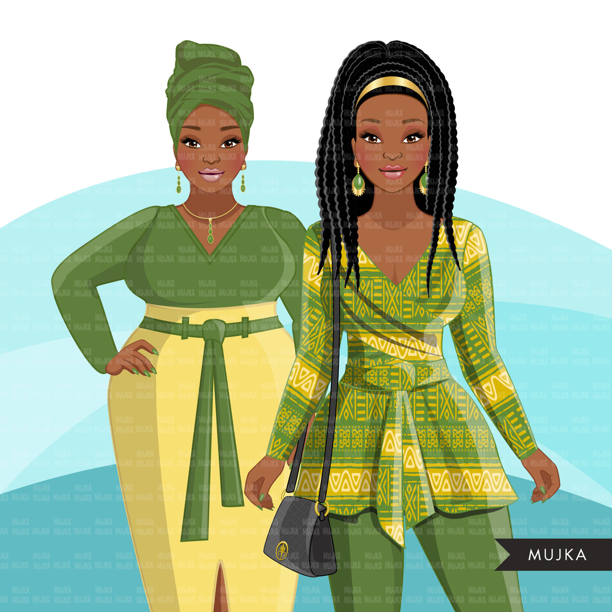 Fashion Clipart, Black woman graphics, green yellow dress, sisters, fr ...