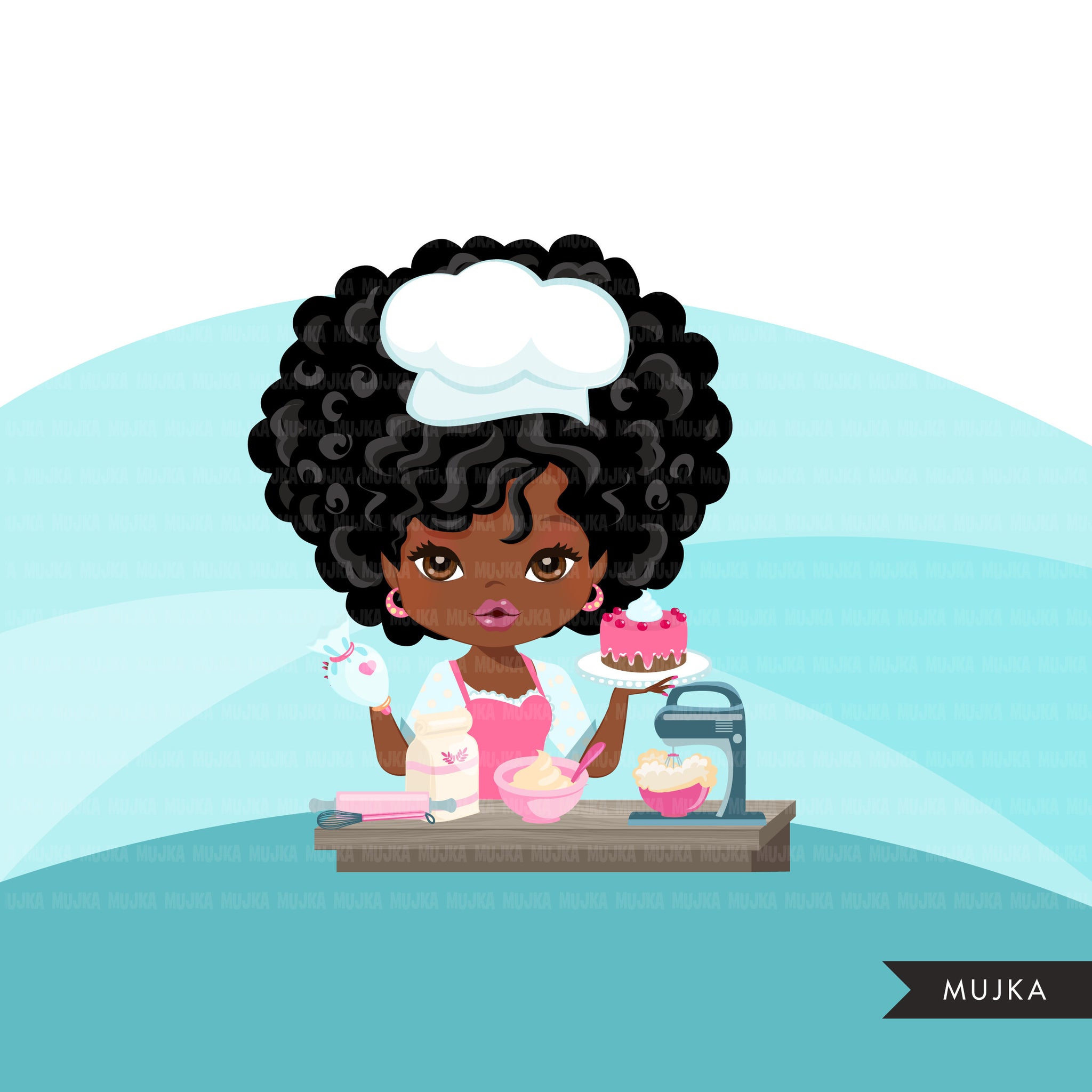 Afro Black Woman baker avatar clipart with baking supplies, print and cut, baking black girl clip art