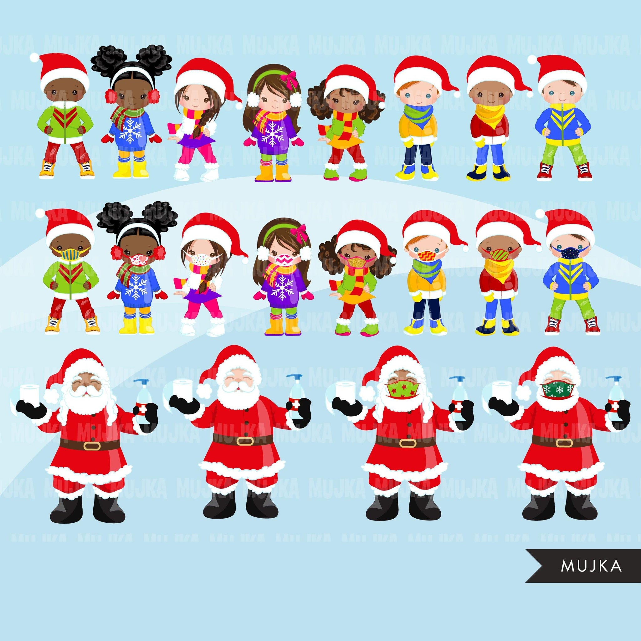 Santa Clipart, Christmas graphics, covid Christmas, kids with face mask Noel graphics, Holiday characters, png sublimation clip art