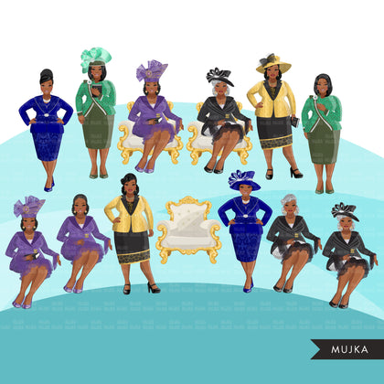 Clipart de moda, senhoras da igreja, gráficos curvilíneos de mulheres negras, irmãs religiosas, designs de sublimação para Cricut &amp; Cameo, uso comercial PNG