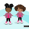 Fashion little black girl clipart with pink leopard jacket, boots, sunglasses, birthday clipart, digital PNG