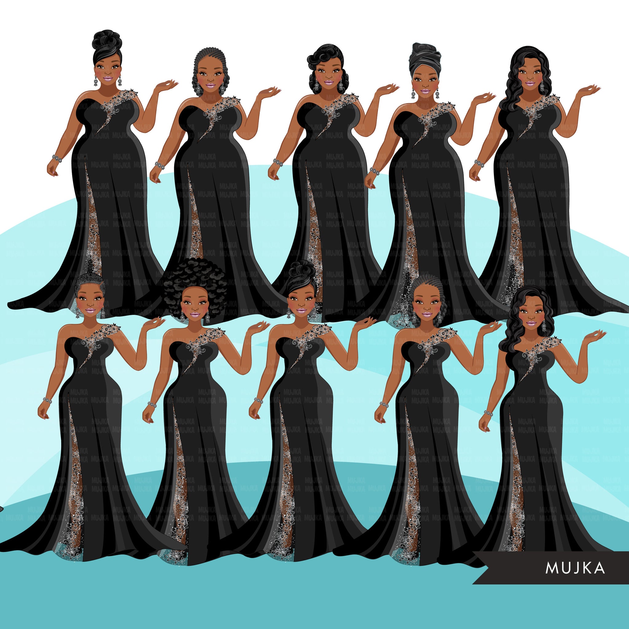 Clipart de moda, vestido de noite de mulher negra, irmãs, amigos, designs de sublimação para Cricut &amp; Cameo, uso comercial PNG