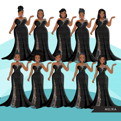Fashion Clipart, Black woman evening gown, sisters, friends, Sublimation designs for Cricut & Cameo, commercial use PNG