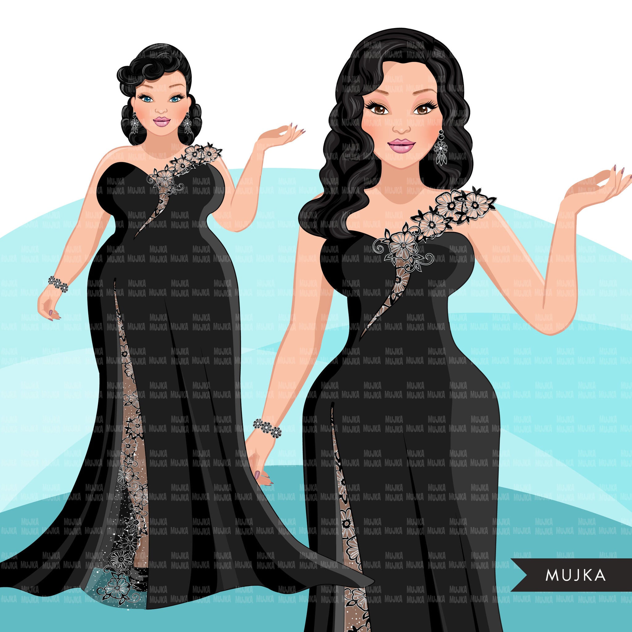 Fashion Clipart, woman black lace, evening gown, sisters, friends, Sublimation designs for Cricut & Cameo, commercial use PNG