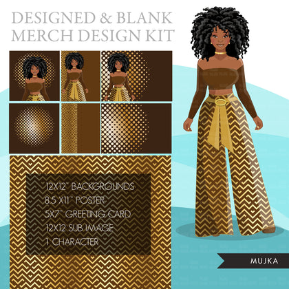 Fashion Clipart, black woman, Retro gold brown Sublimation design kit for Cricut & Cameo, commercial use PNG