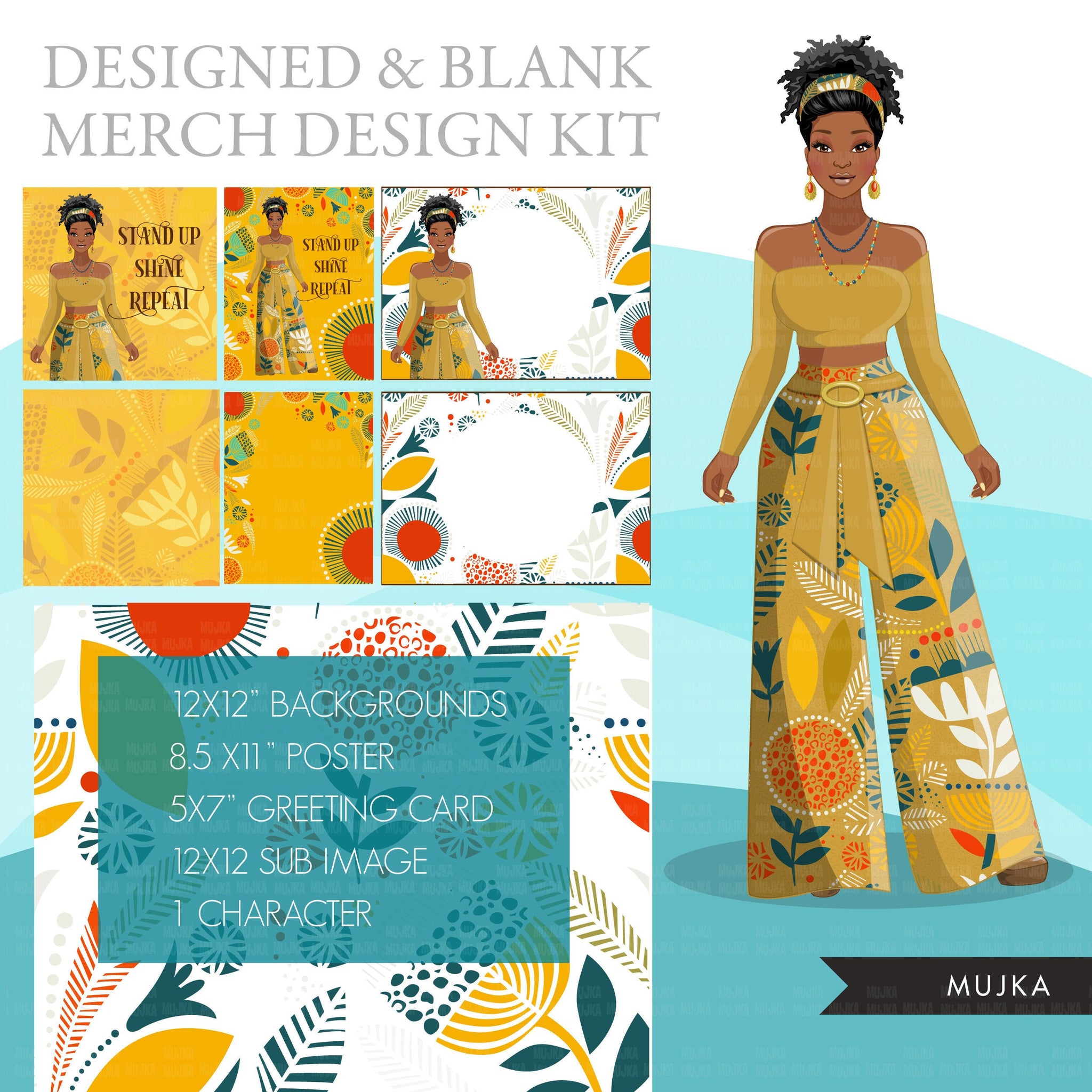 Clipart de moda, mulher negra, kit de design de sublimação floral amarelo para Cricut &amp; Cameo, uso comercial PNG