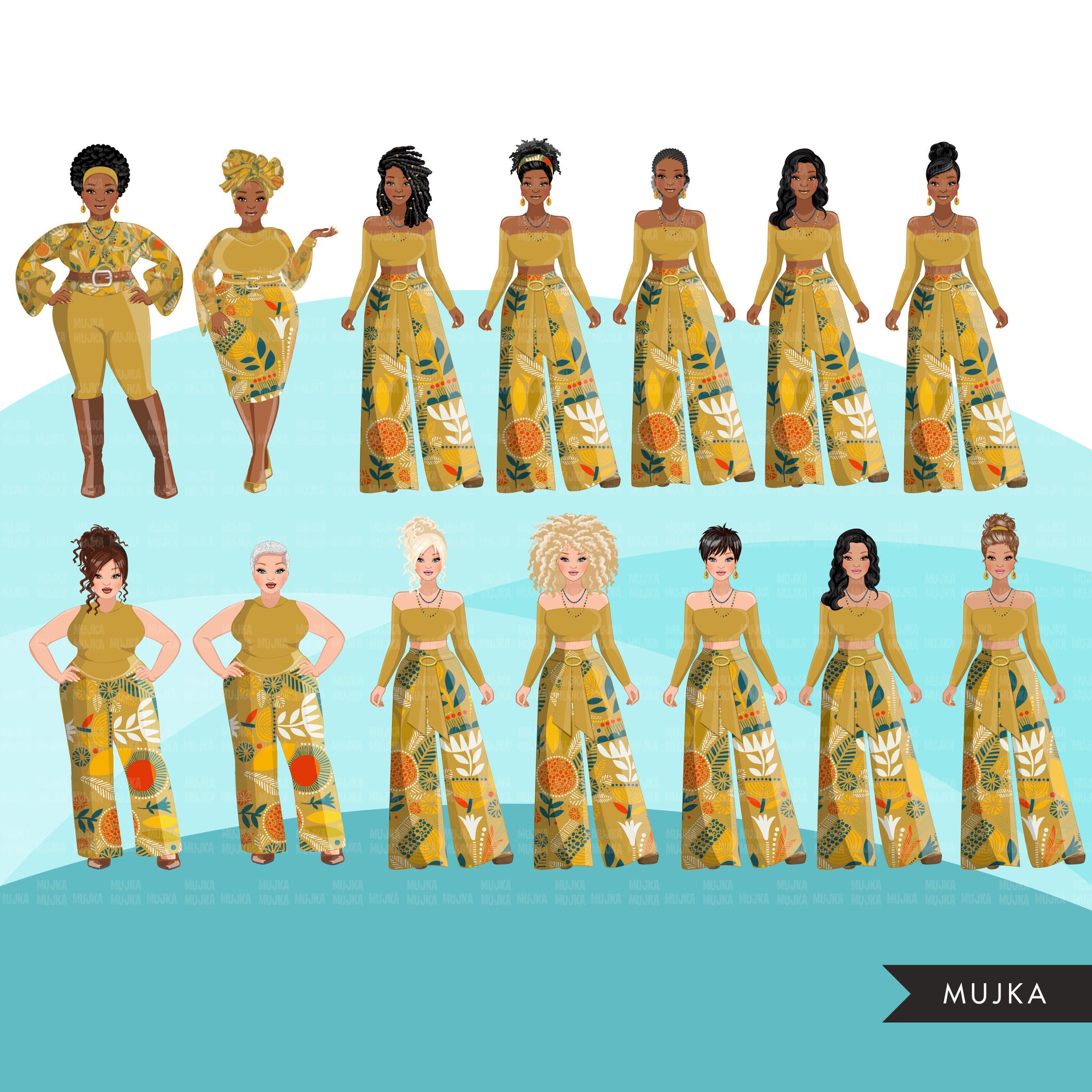 Fashion Clipart, yellow floral, black woman, sisters, friends, sisterhood Sublimation designs for Cricut & Cameo, commercial use PNG