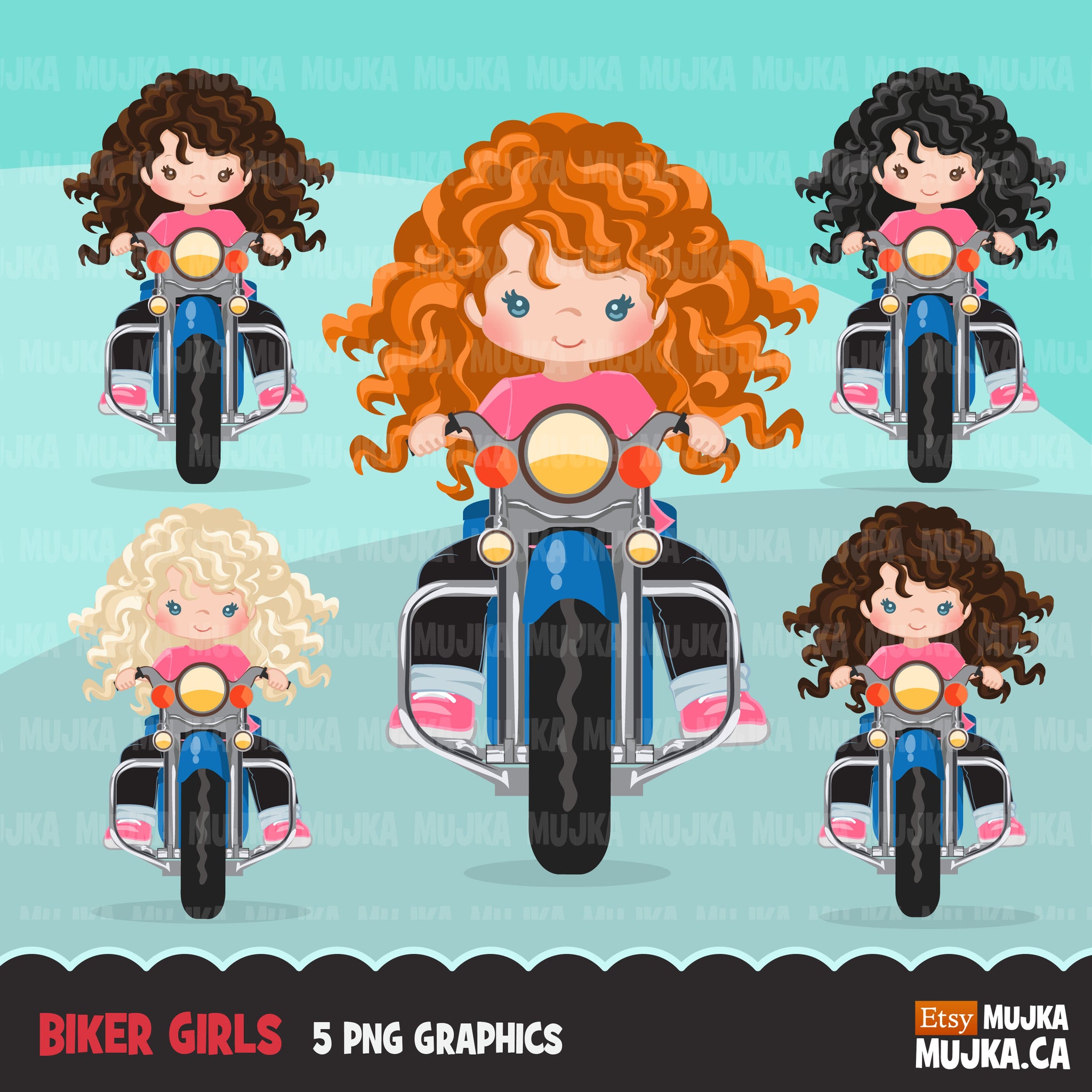 Pacote de clipart de motociclistas, crianças de bicicleta, motociclistas de harley, crianças andando, menina negra, gráficos de uso comercial ao ar livre de motocicleta de menino, png clip art