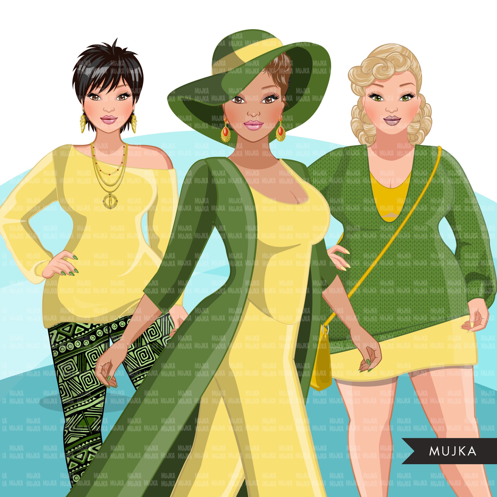 Clipart de moda, gráfico de mulher, vestido verde amarelo, irmãs, amigos, irmandade Designs de sublimação para Cricut &amp; Cameo, uso comercial PNG