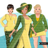 Fashion Clipart, woman graphic, green yellow dress, sisters, friends, sisterhood Sublimation designs for Cricut & Cameo, commercial use PNG