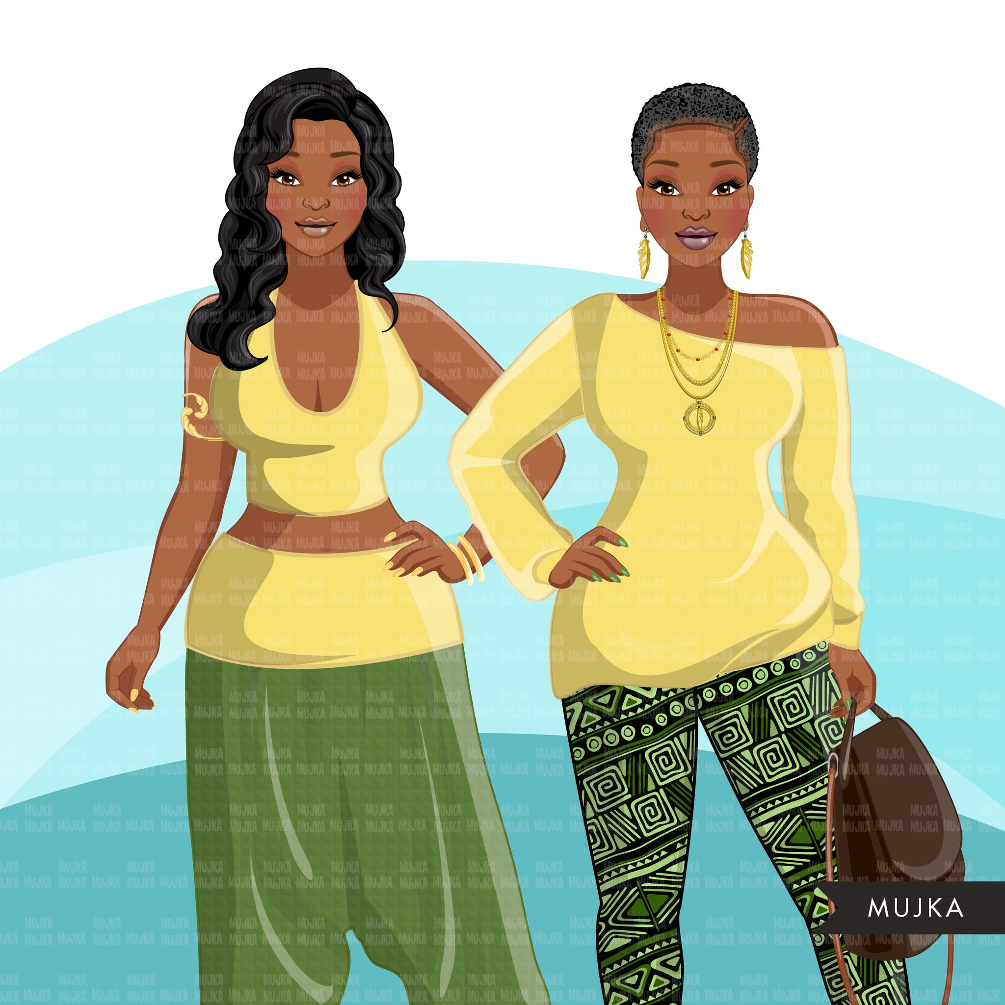 Fashion Clipart, Black woman graphics, green yellow dress, sisters, friends, Sublimation designs for Cricut & Cameo, commercial use PNG