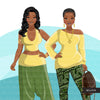 Fashion Clipart, Black woman graphics, green yellow dress, sisters, friends, Sublimation designs for Cricut & Cameo, commercial use PNG