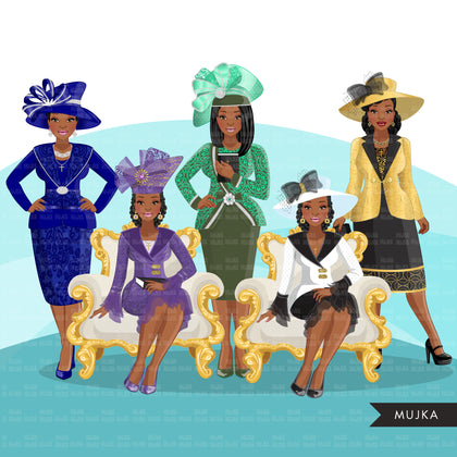 Clipart de moda, senhoras da igreja, gráficos de mulheres negras, irmãs religiosas, amigos, designs de sublimação para Cricut &amp; Cameo, uso comercial PNG