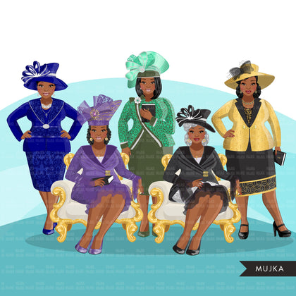 Clipart de moda, senhoras da igreja, gráficos curvilíneos de mulheres negras, irmãs religiosas, designs de sublimação para Cricut &amp; Cameo, uso comercial PNG