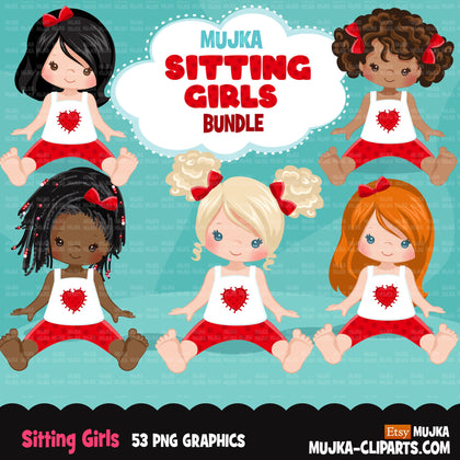 Valentine Clipart, little girls bundle, sisters, friends sublimation, Valentine's Day gifts, commercial use graphics, png clip art