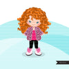 Fashion little girl clipart with pink leopard jacket, boots, sunglasses, birthday clipart, digital PNG