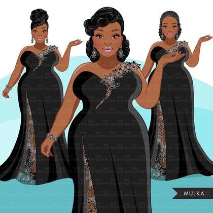 Fashion Clipart, Black woman evening gown, sisters, friends, Sublimation designs for Cricut & Cameo, commercial use PNG